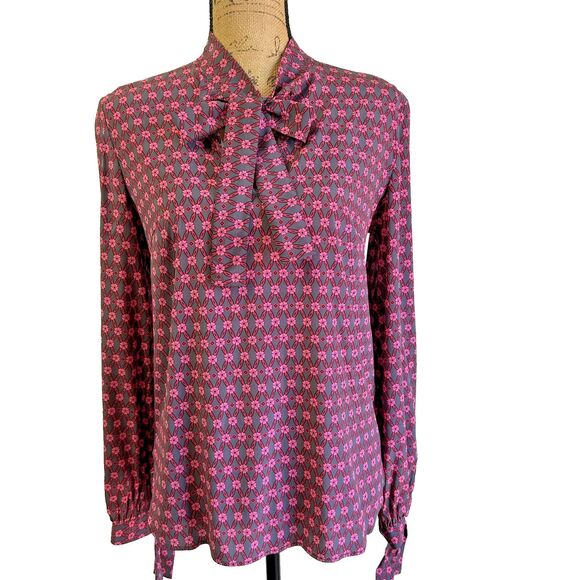 P.A.R.O.S.H. Women’s Pink Floral Long Sleeve Tie Neck Silk Blouse Sz M Italy - Picture 2 of 11